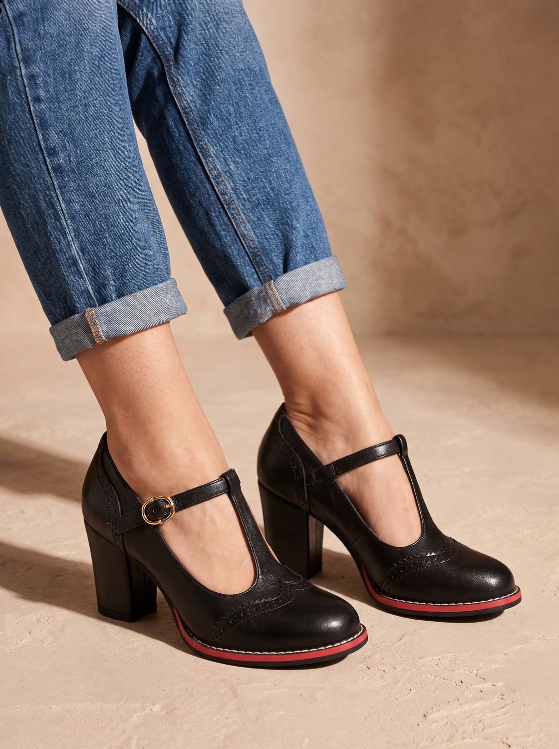 Women's Retro Brogue T-Bar Block Heel Pumps — Red Sole 1