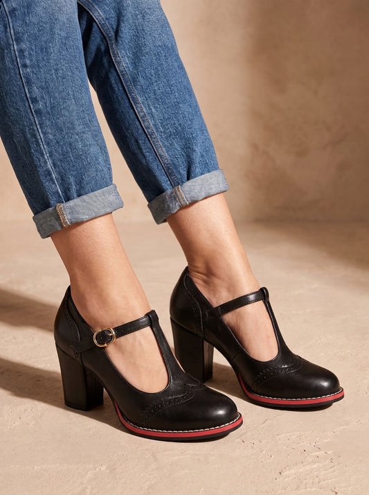 Women's Retro Brogue T-Bar Block Heel Pumps — Red Sole 1