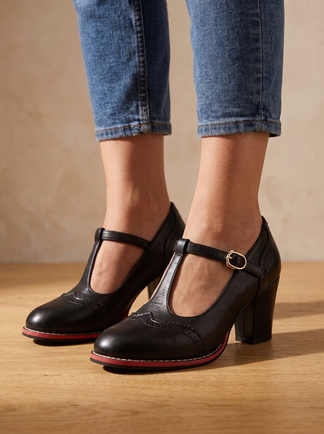 Women's Retro Brogue T-Bar Block Heel Pumps — Red Sole 2
