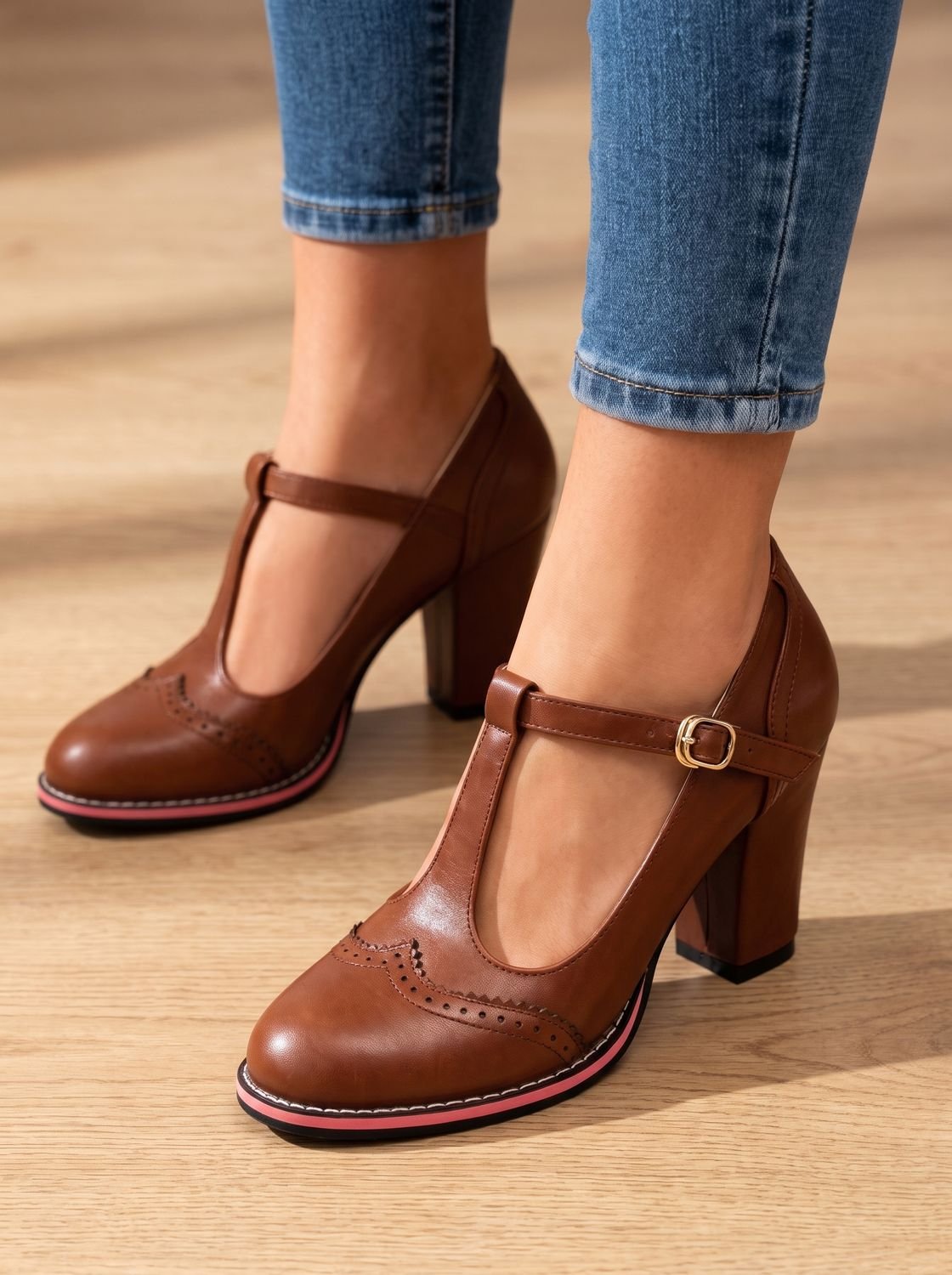 Women's Retro Brogue T-Bar Block Heel Pumps — Red Sole 4