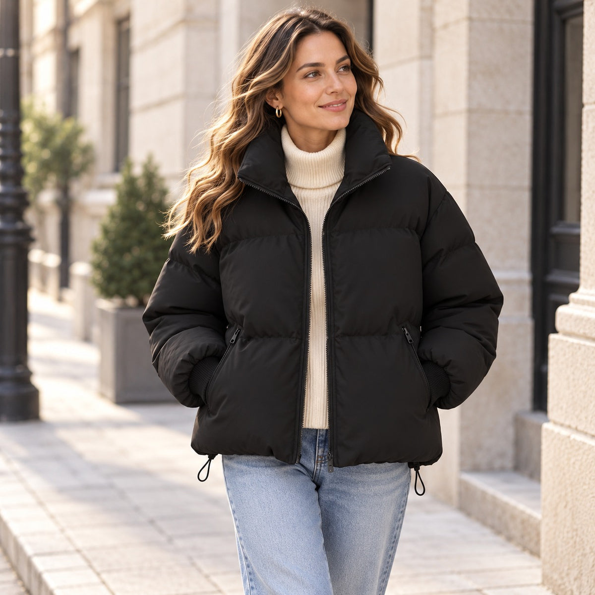 Women's black short cropped puffer jacket with stand collar