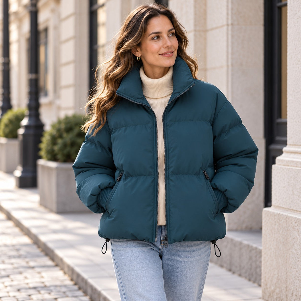 Women's peacock blue short cropped puffer jacket with stand collar