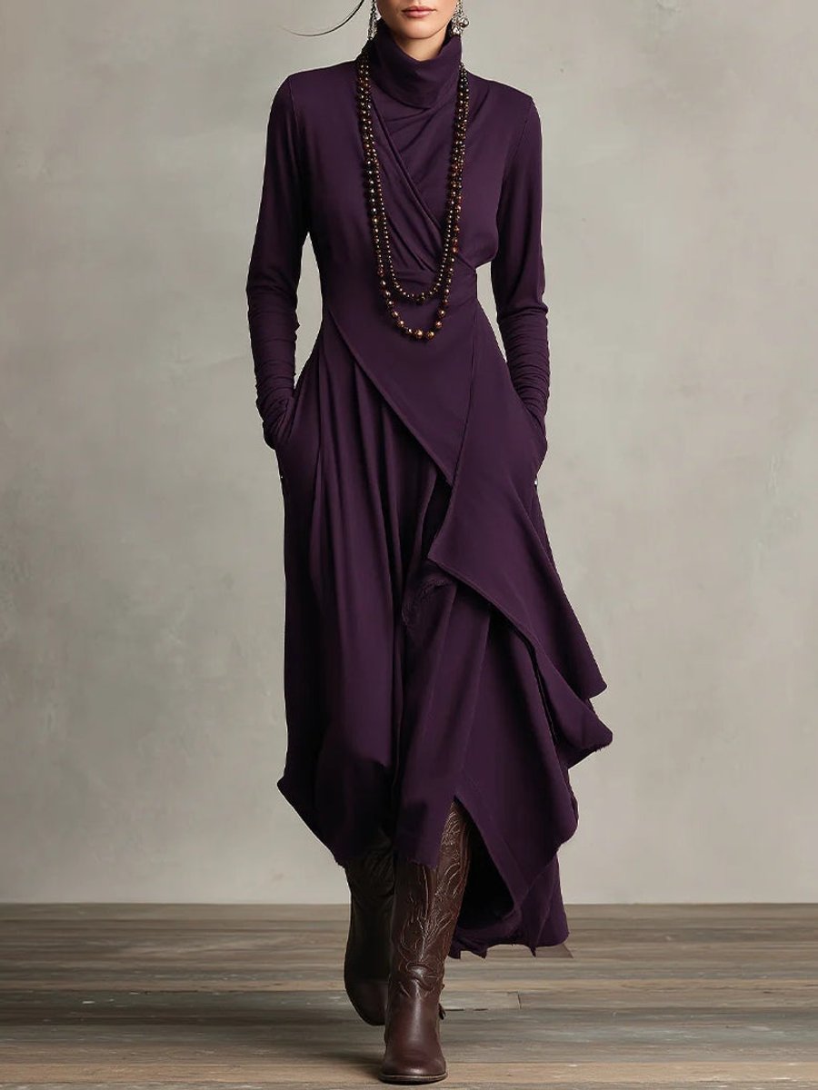 Women's Turtleneck Draped Maxi Dress — Asymmetric Hem 1
