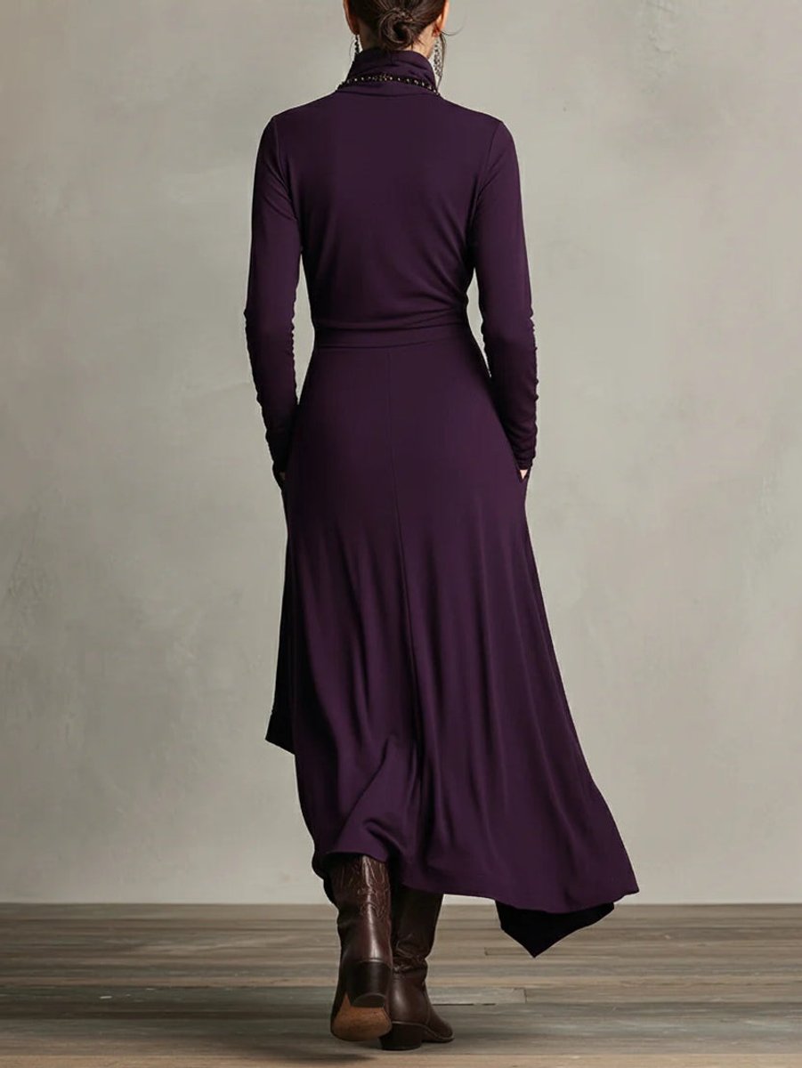 Women's Turtleneck Draped Maxi Dress — Asymmetric Hem 2
