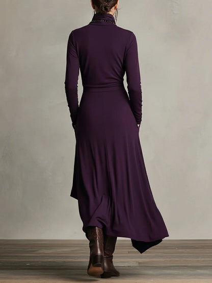 Women's Turtleneck Draped Maxi Dress — Asymmetric Hem 2