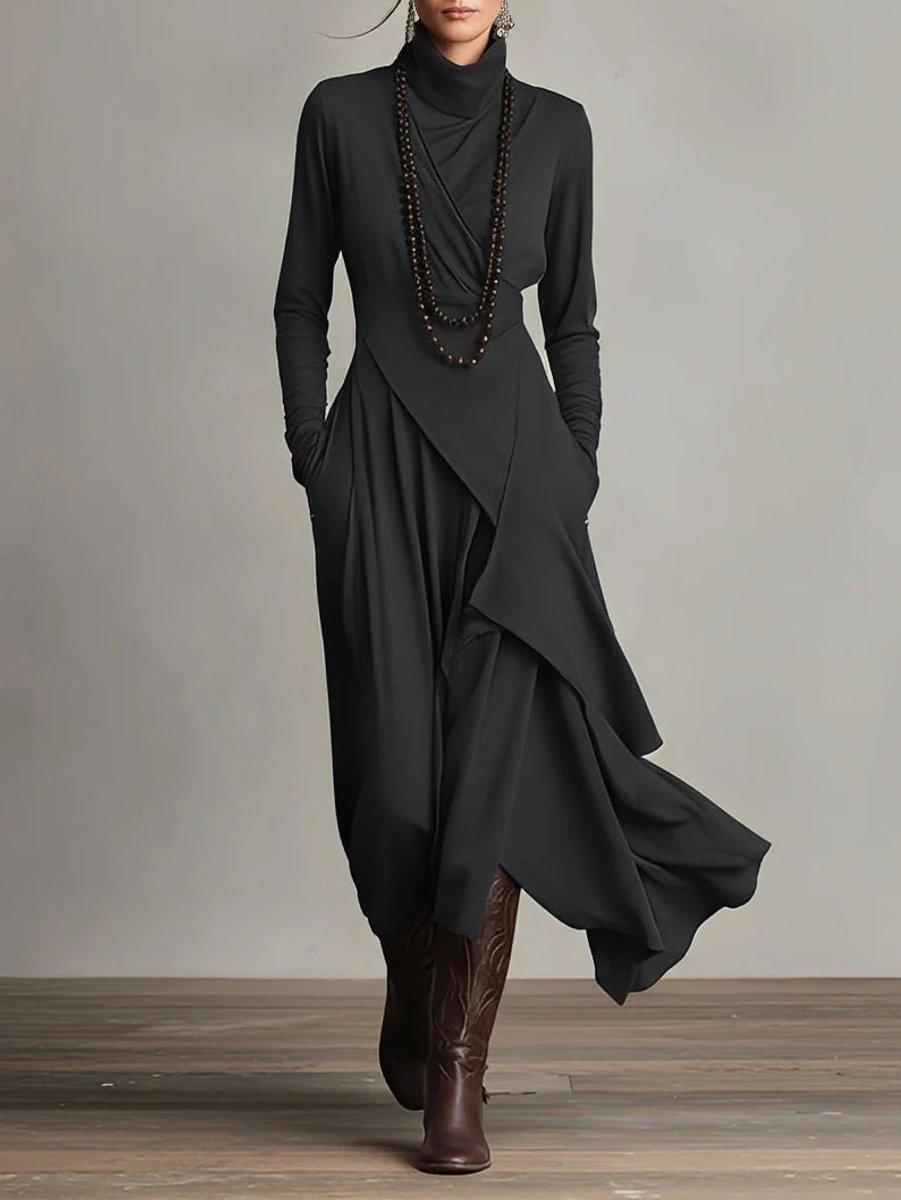 Women's Turtleneck Draped Maxi Dress — Asymmetric Hem 4
