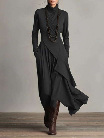 Women's Turtleneck Draped Maxi Dress — Asymmetric Hem 4