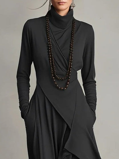 Women's Turtleneck Draped Maxi Dress — Asymmetric Hem 5
