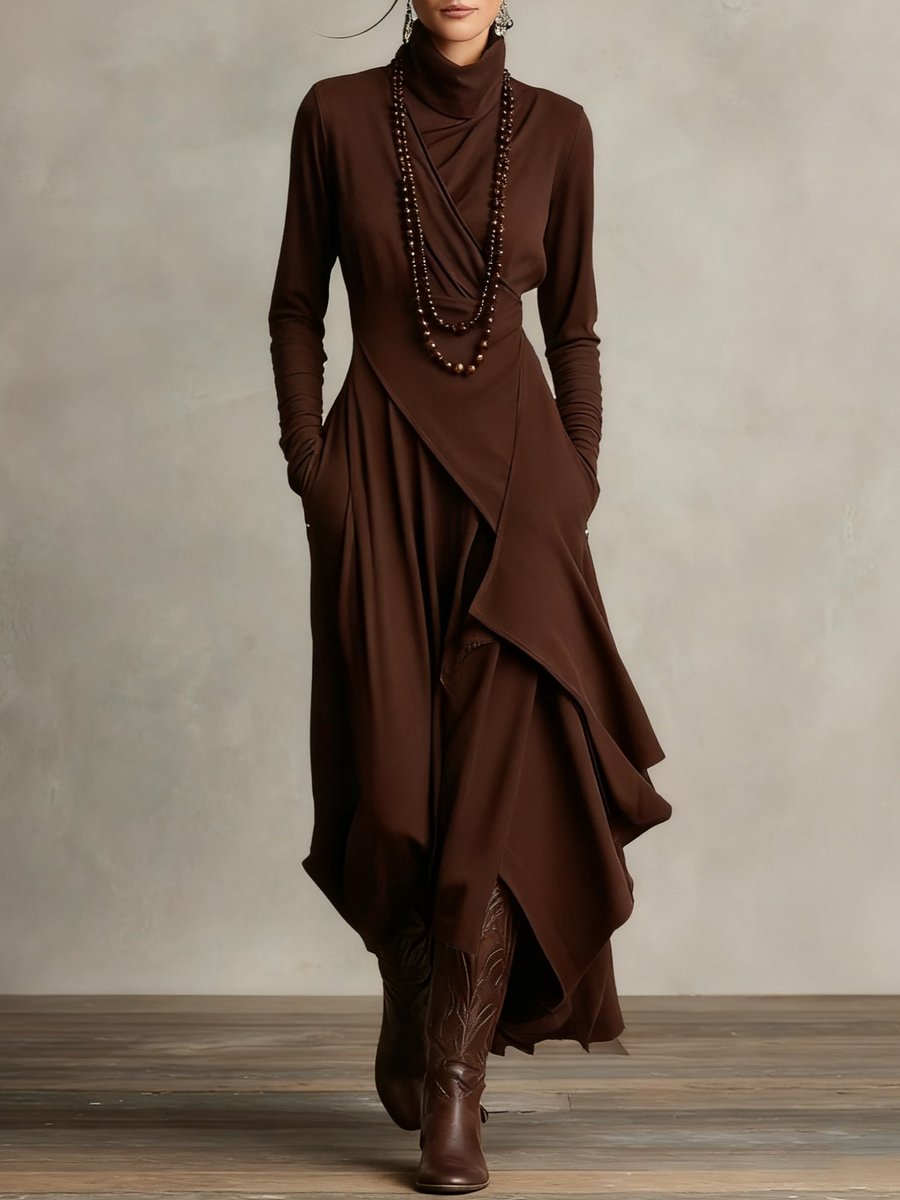 Women's Turtleneck Draped Maxi Dress — Asymmetric Hem 6