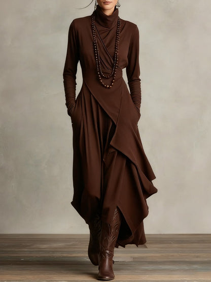 Women's Turtleneck Draped Maxi Dress — Asymmetric Hem 6