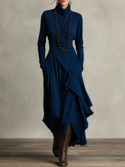 Women's Turtleneck Draped Maxi Dress — Asymmetric Hem 7