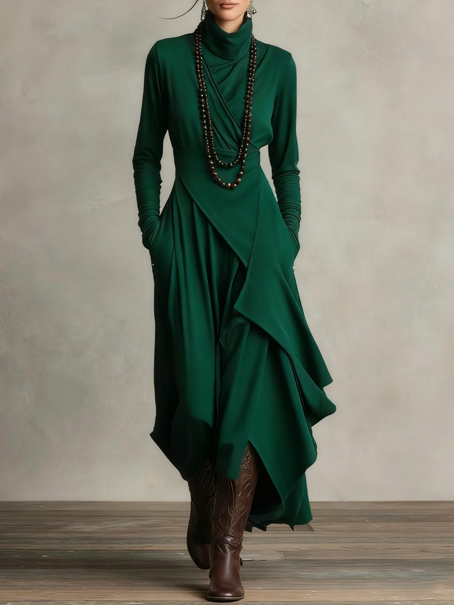 Women's Turtleneck Draped Maxi Dress — Asymmetric Hem 8