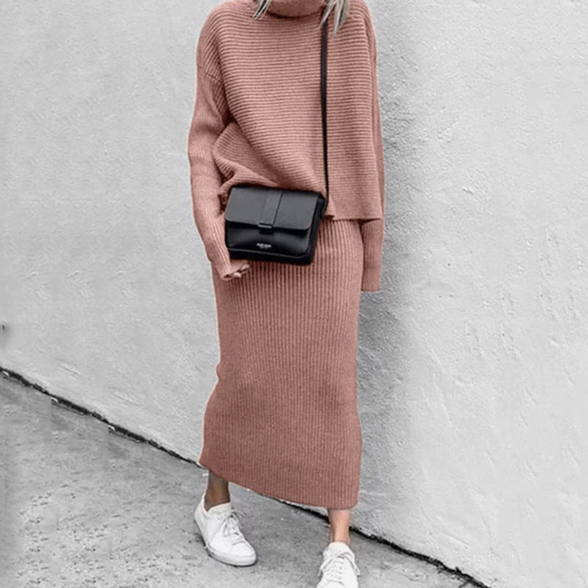 Women's Ribbed Knit Turtleneck Pullover & Midi Skirt Set 1