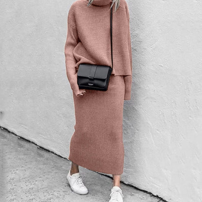 Women's Ribbed Knit Turtleneck Pullover & Midi Skirt Set 1