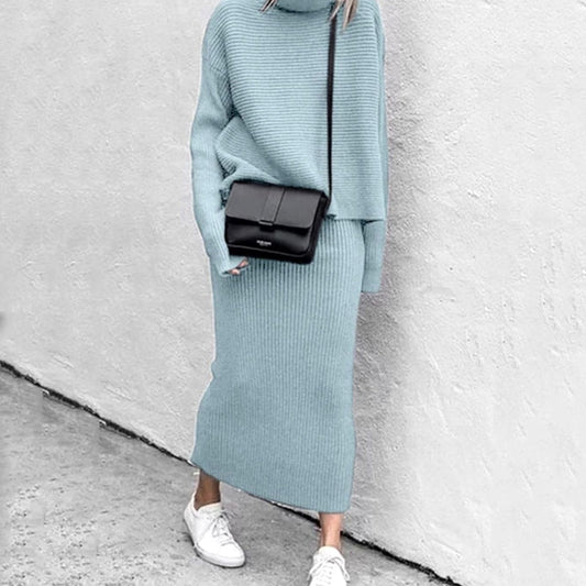 Women's Ribbed Knit Turtleneck Pullover & Midi Skirt Set 2