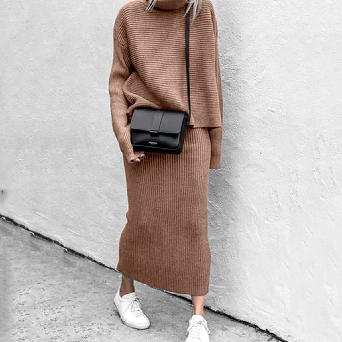 Women's Ribbed Knit Turtleneck Pullover & Midi Skirt Set 3