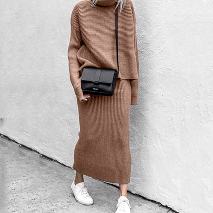 Women's Ribbed Knit Turtleneck Pullover & Midi Skirt Set 3