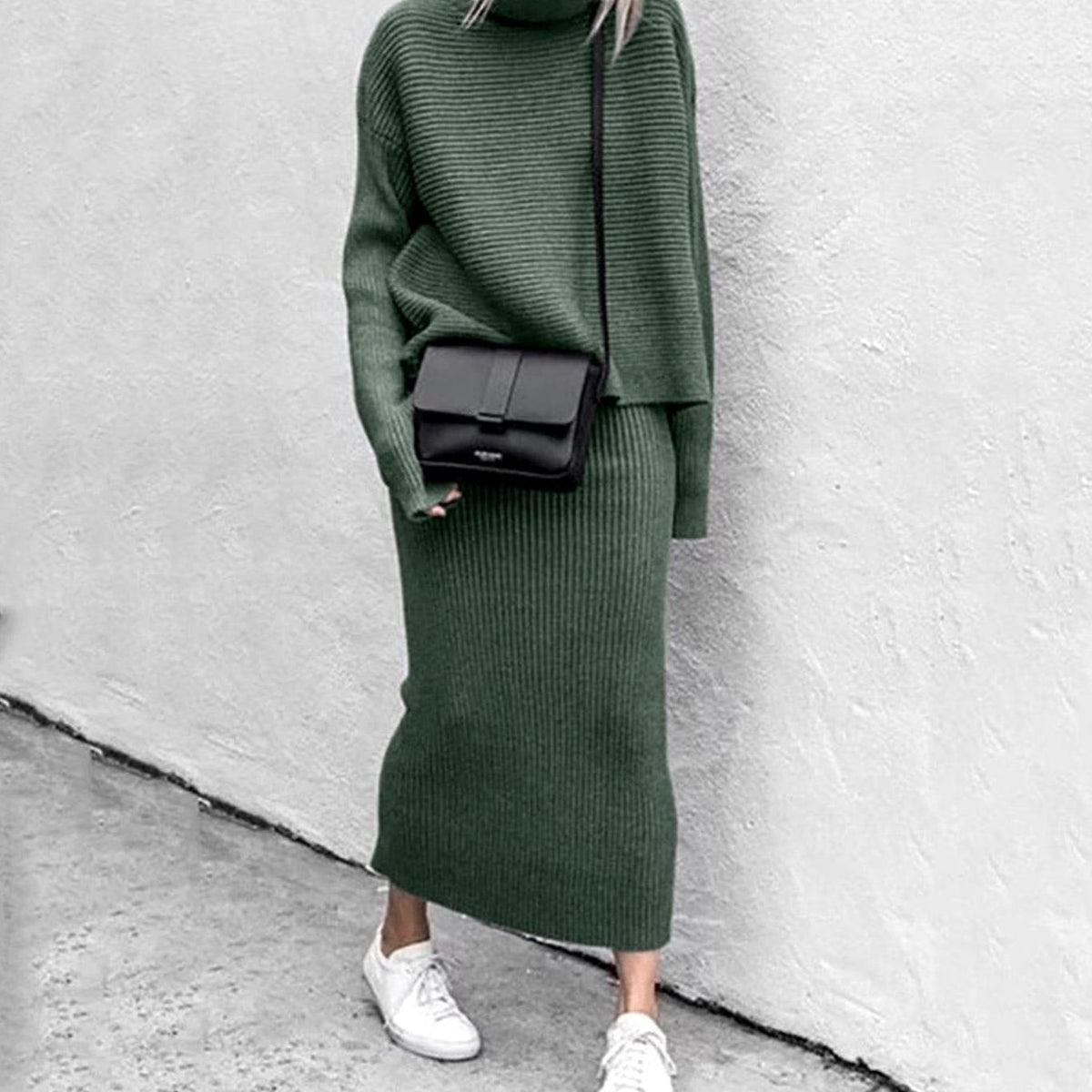 Women's Ribbed Knit Turtleneck Pullover & Midi Skirt Set 4