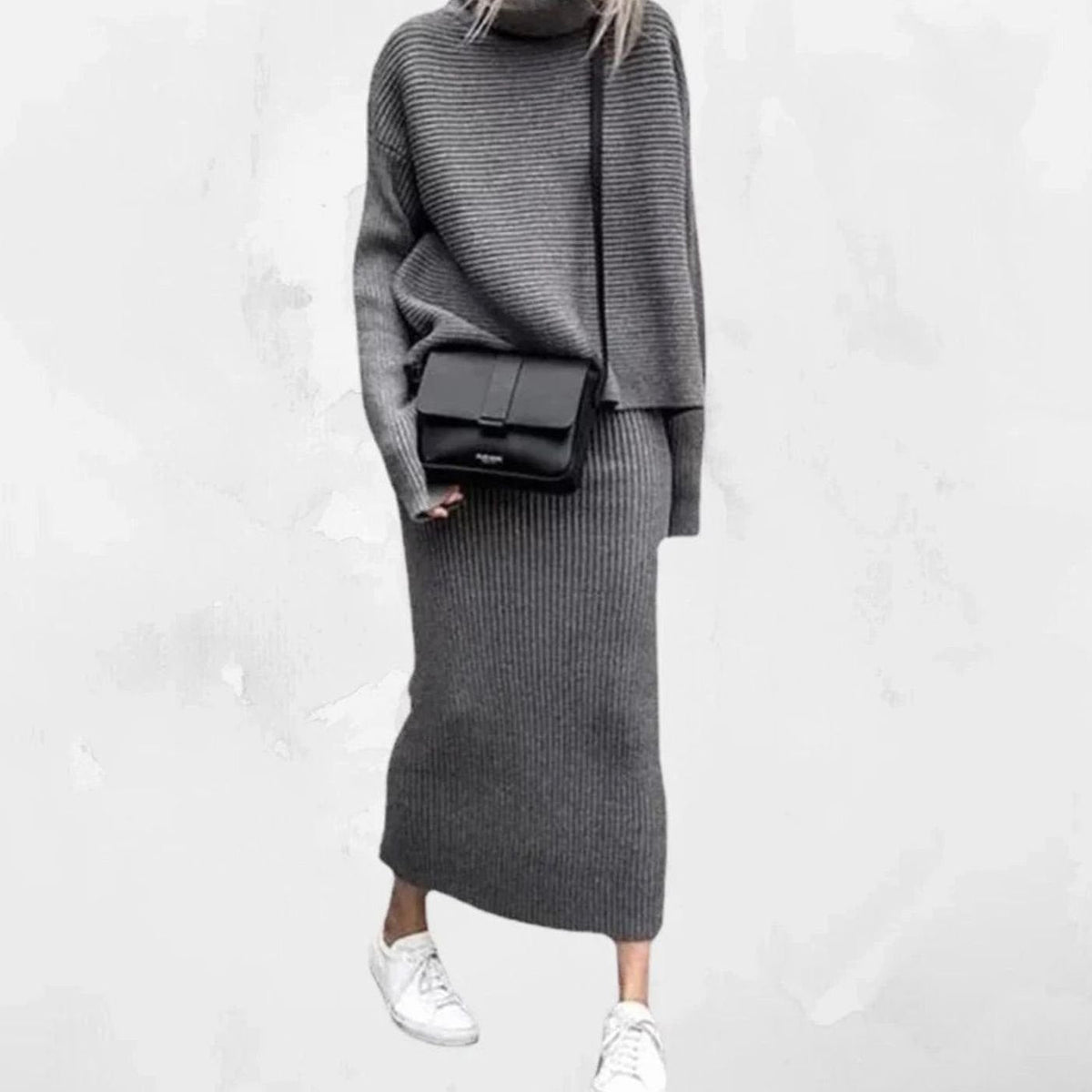 Women's Ribbed Knit Turtleneck Pullover & Midi Skirt Set 5
