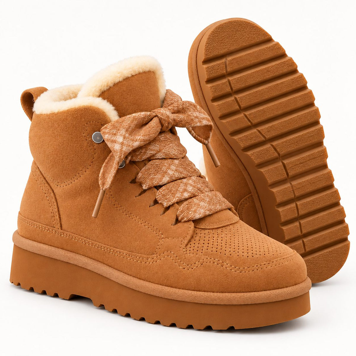 Camel warm-lined lace-up ankle boots side view and sole