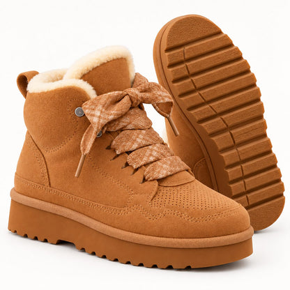 Camel warm-lined lace-up ankle boots side view and sole