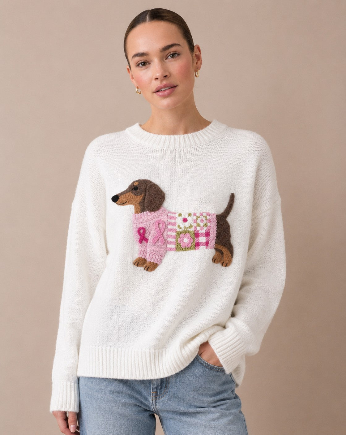 DECERLE - Women's - Patchwork Knit - Dachshund Motif Sweater