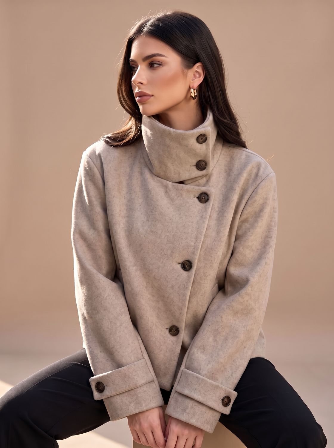 Women's Wool Blend Cropped Coat — Stand Collar Button-Front 1