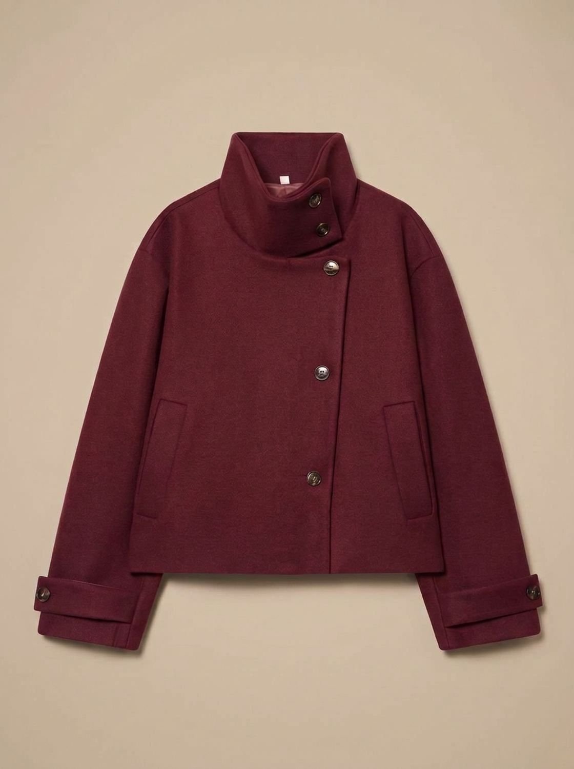 Women's Wool Blend Cropped Coat — Stand Collar Button-Front 4
