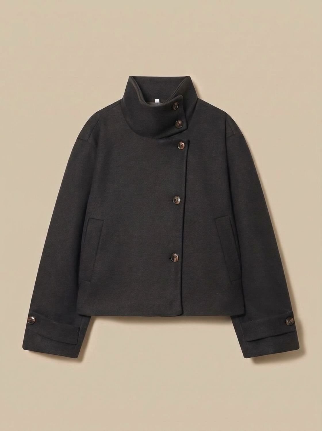 Women's Wool Blend Cropped Coat — Stand Collar Button-Front 5