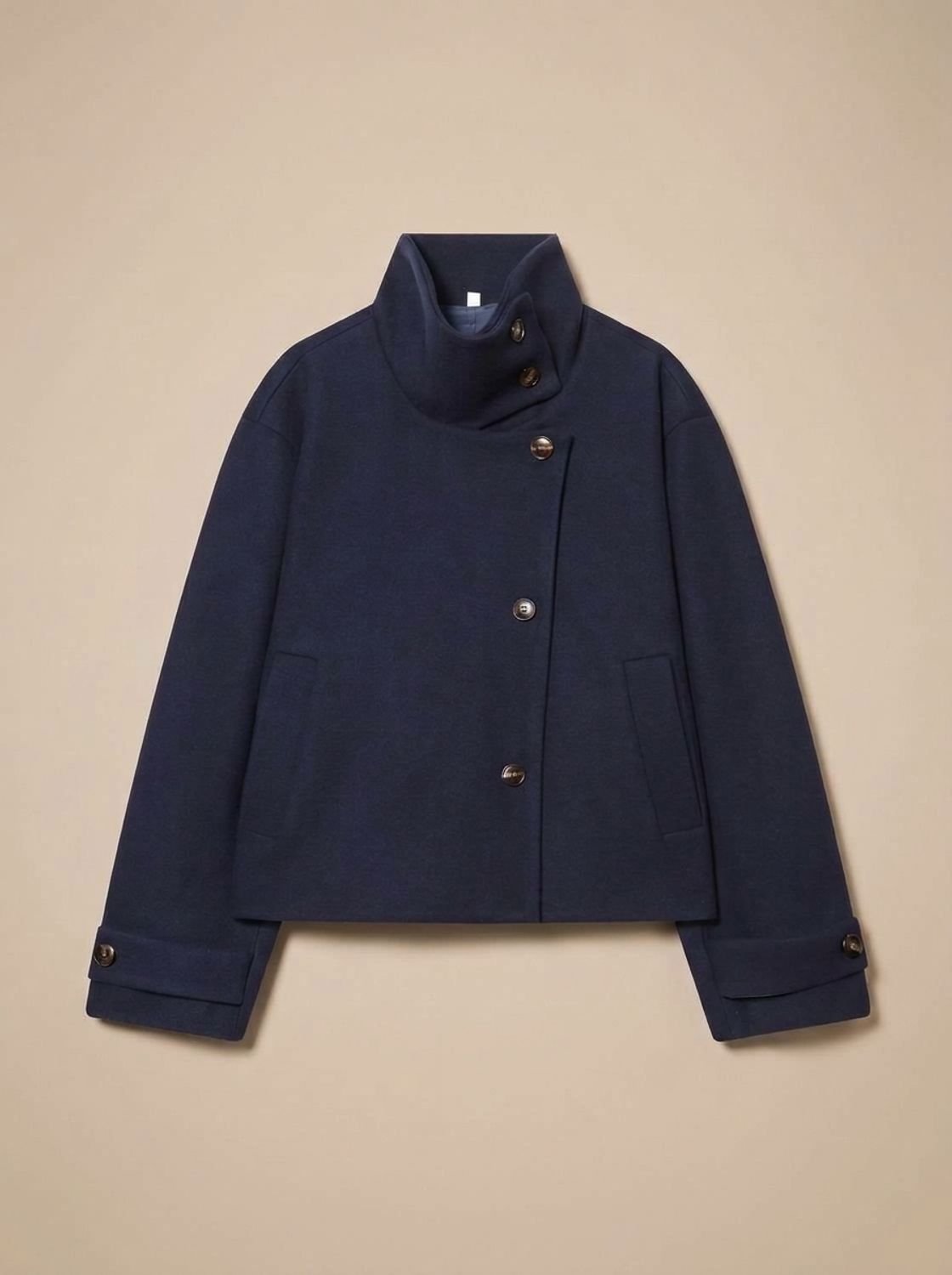 Women's Wool Blend Cropped Coat — Stand Collar Button-Front 6