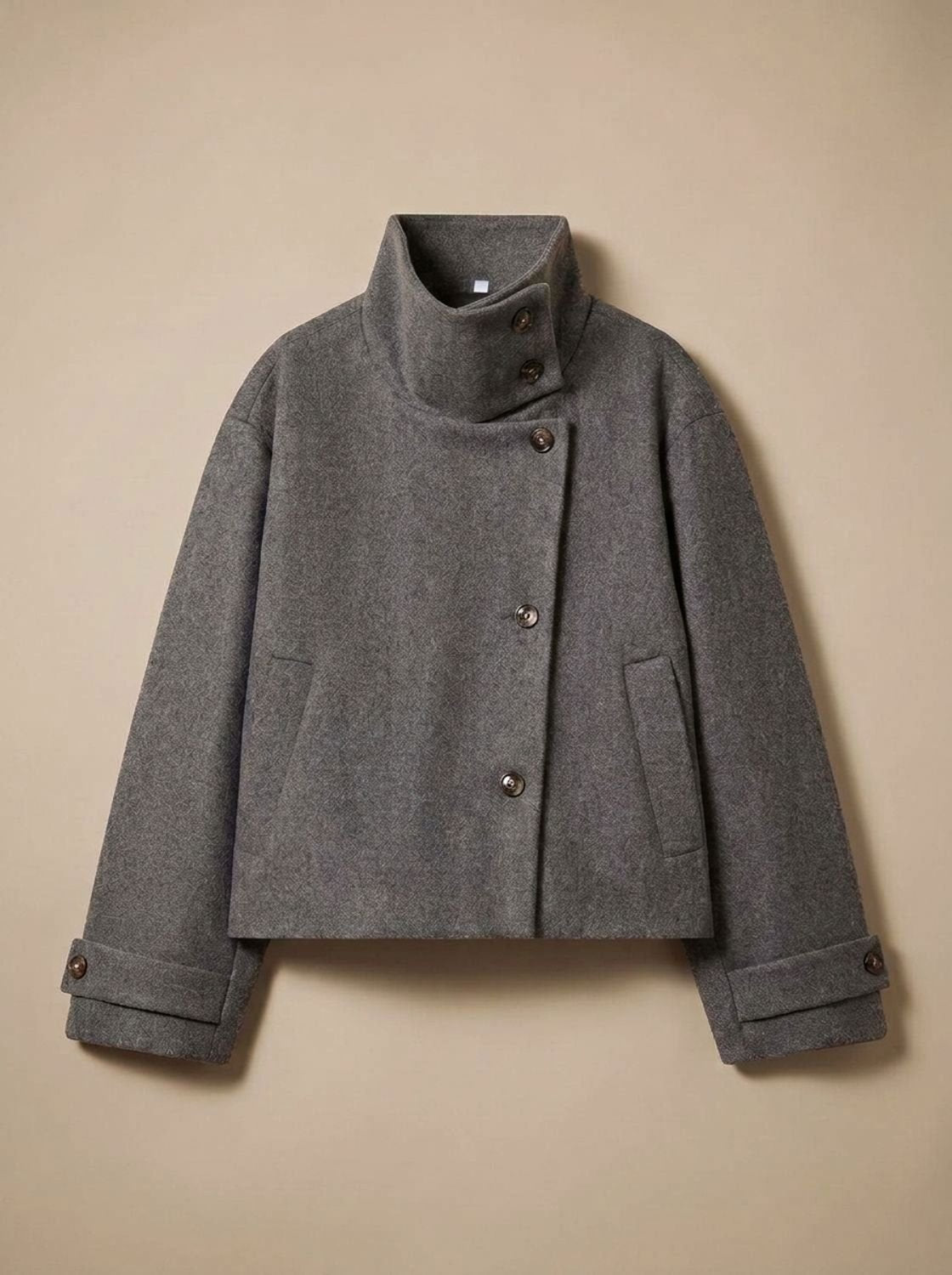 Women's Wool Blend Cropped Coat — Stand Collar Button-Front 7
