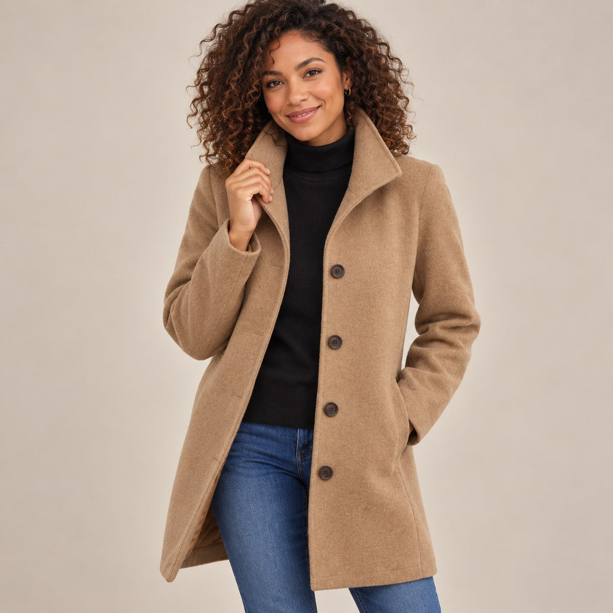 Women's Wool Blend Pea Coat — Button Front Long Sleeve