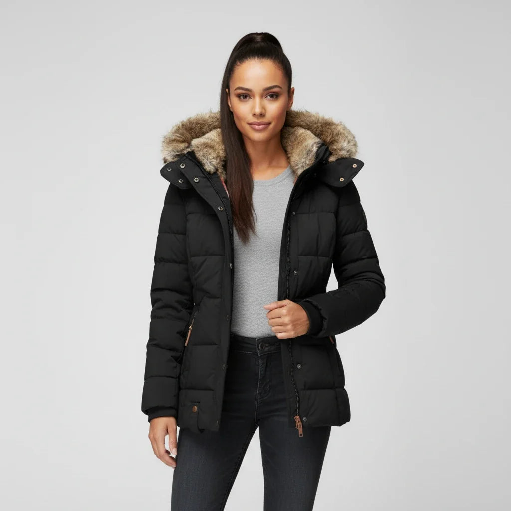 Women's Hooded Quilted Puffer Jacket — Faux Fur Trim 1